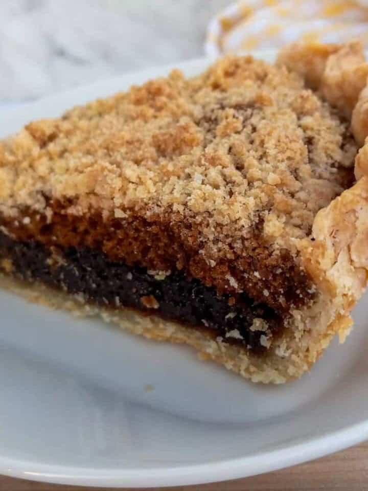 a slice of Amish shoofly pie giving you a close-up look at the three distinct layers.