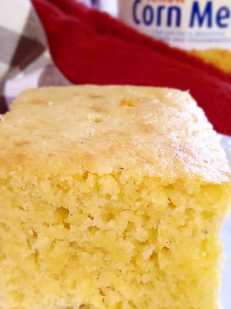 an up close of a slice of Amish cornbread.