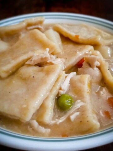 a bowl of PA Dutch chicken pot pie with slippery noodles.