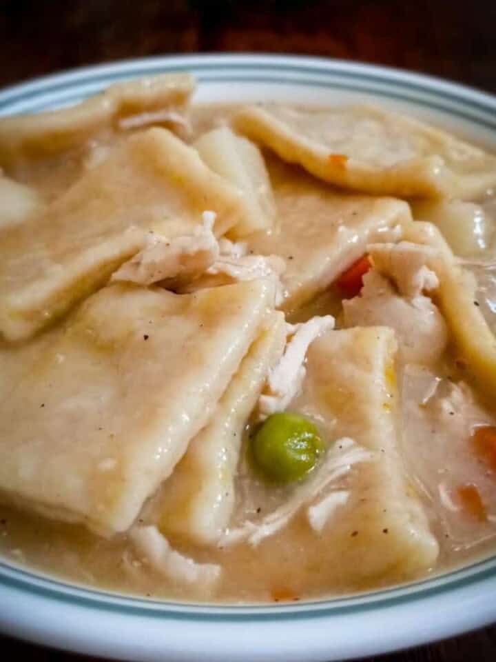 a bowl of PA Dutch chicken pot pie with slippery noodles.