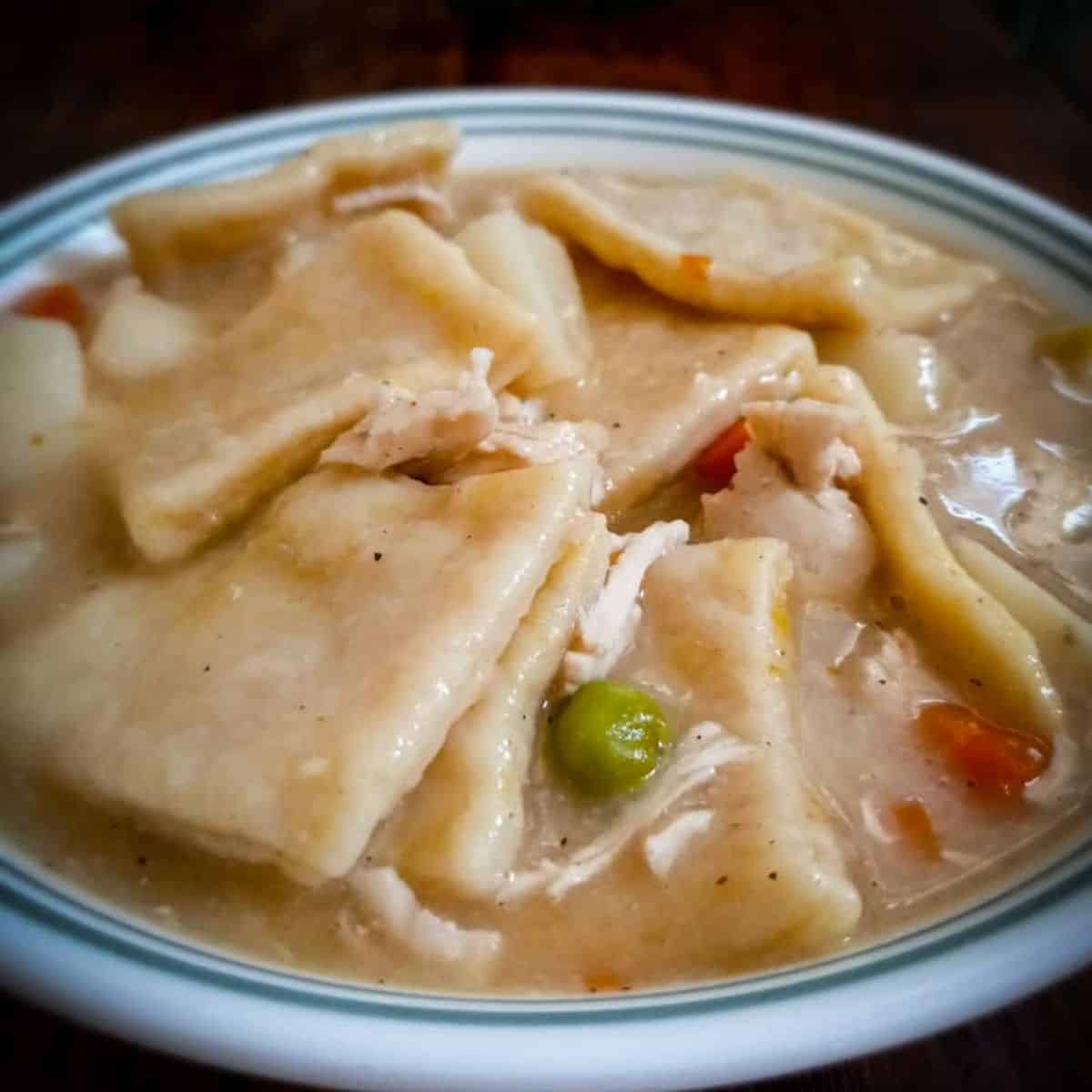 a bowl of PA Dutch chicken pot pie with slippery noodles.