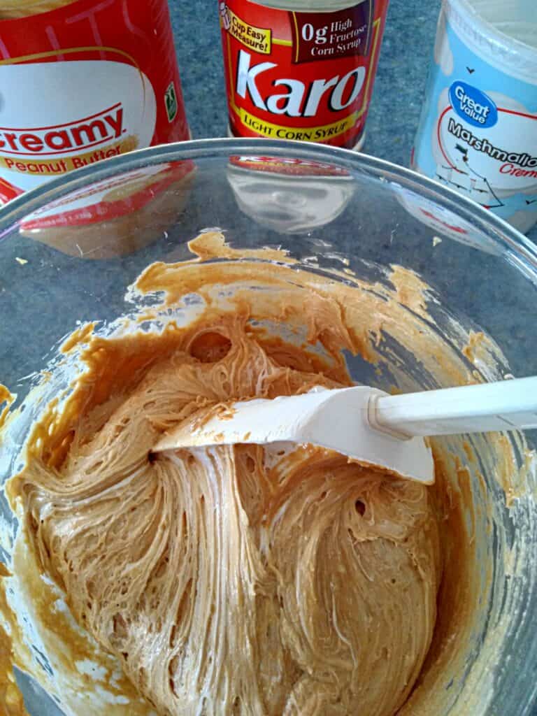 ingredients for peanut butter made with karo, peanut butter, and marshmallow fluff.