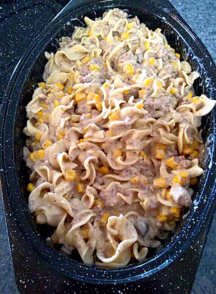 Amish country casserole of beef and noodles in a small roaster.