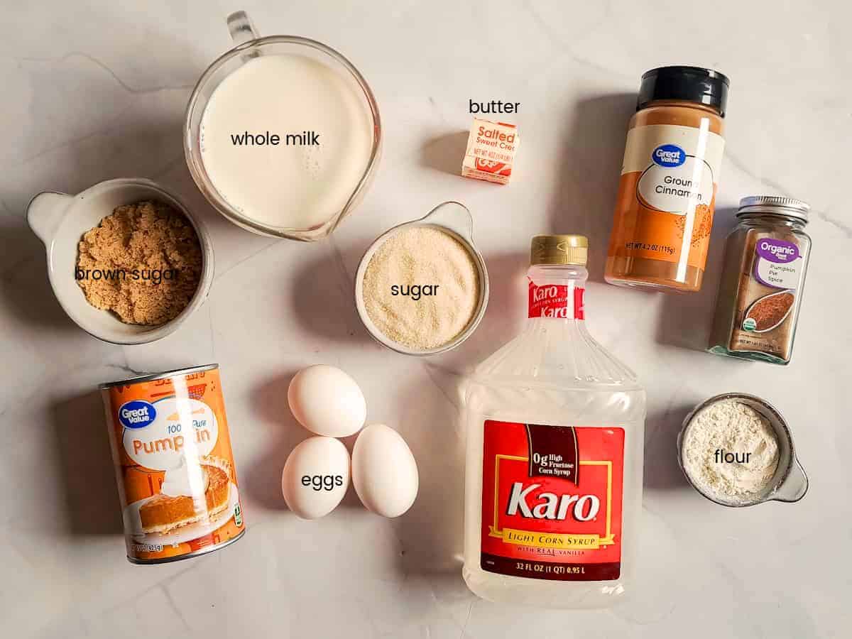 Ingredients: pumpkin, eggs, Karo, sugar, brown sugar, flour, butter, milk, pumpkin pie spice, and cinnamon.