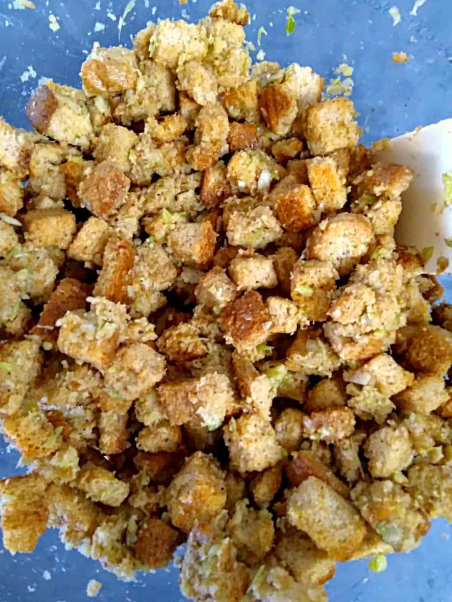 a bowl of Amish stuffing.