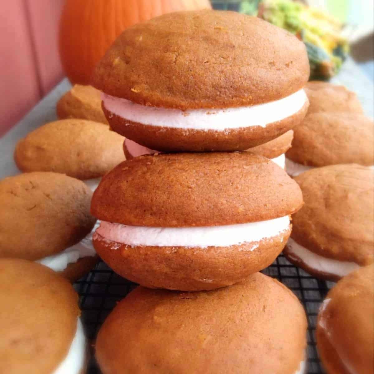 close-up on a stack of pumpkin whoopie pies.