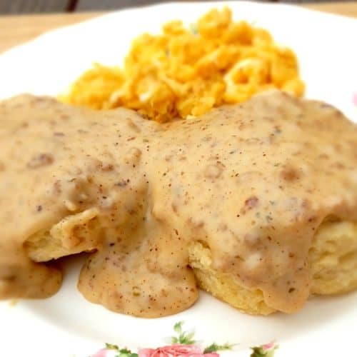 Breakfast plate with biscuits and gravy