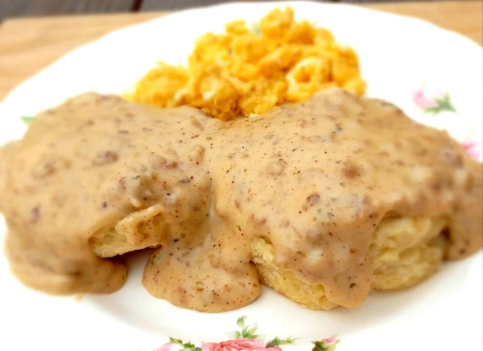 Breakfast plate with biscuits and gravy
