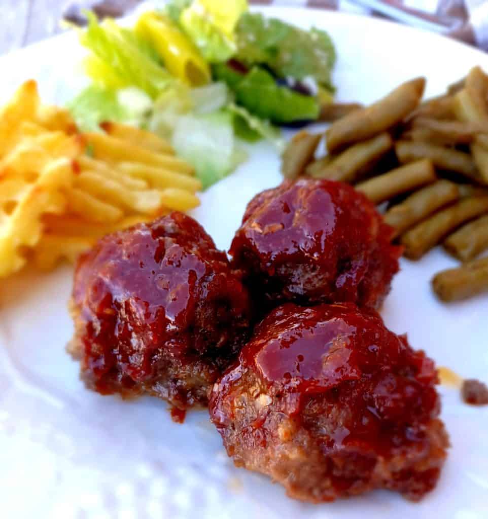 Dinner plate with homemade Amish BBQ meatballs

