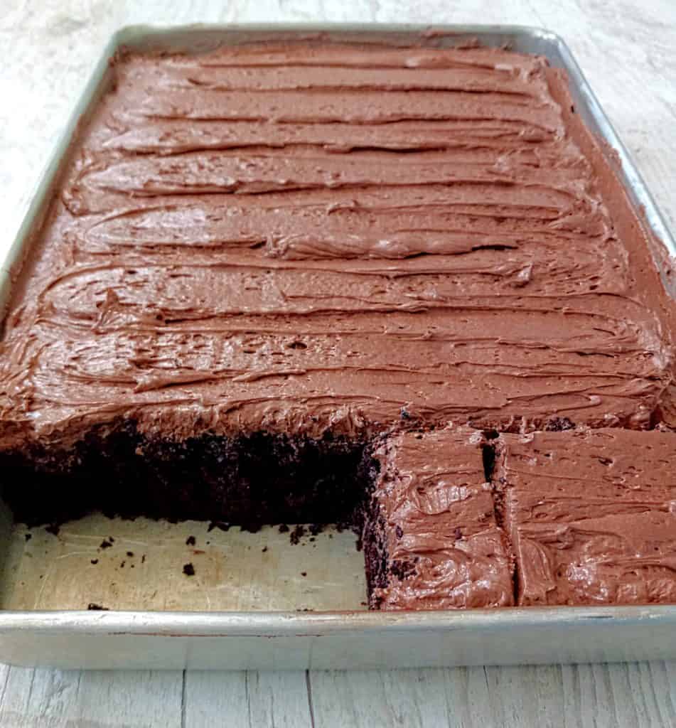 moist Amish chocolate cake with frosting in 9x13" pan