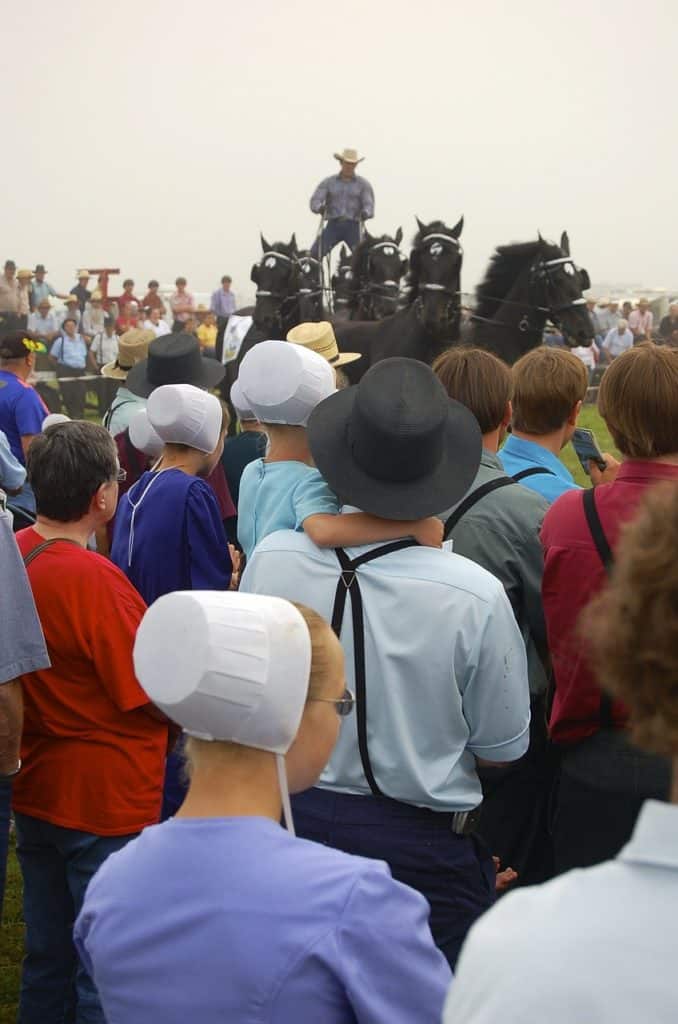 crowd of people some Amish women wearing head coverings
