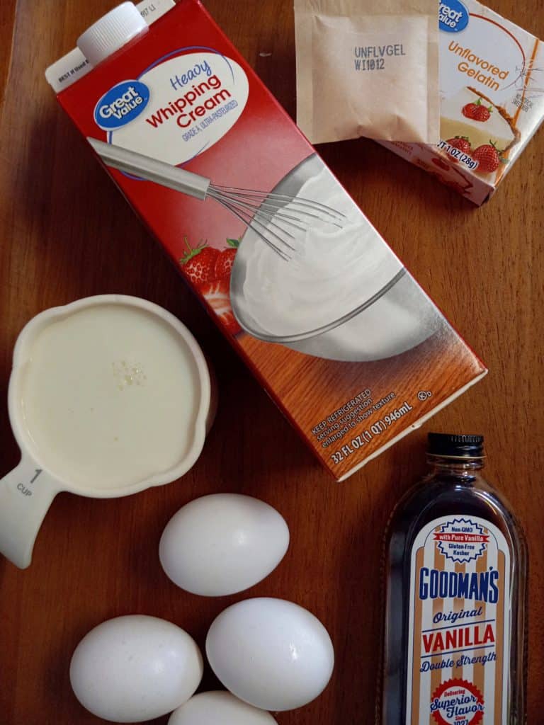 ingredients for ice cream: milk, cream, gelatin, eggs, and vanilla