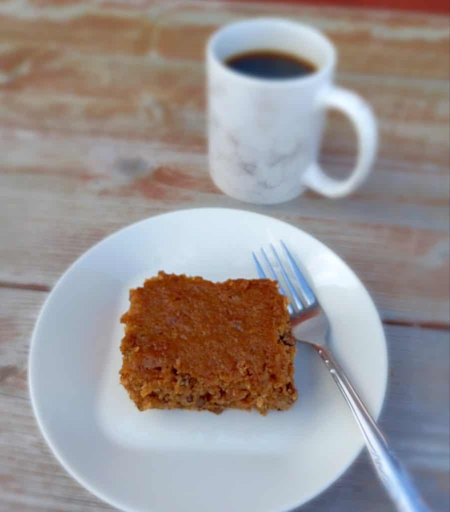 applesauce cake with a cup of coffee