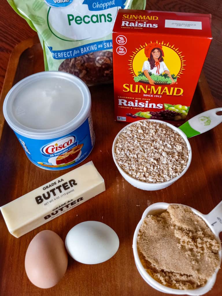 brown-sugar-eggs-oats-Crisco-butter-raisins-pecans