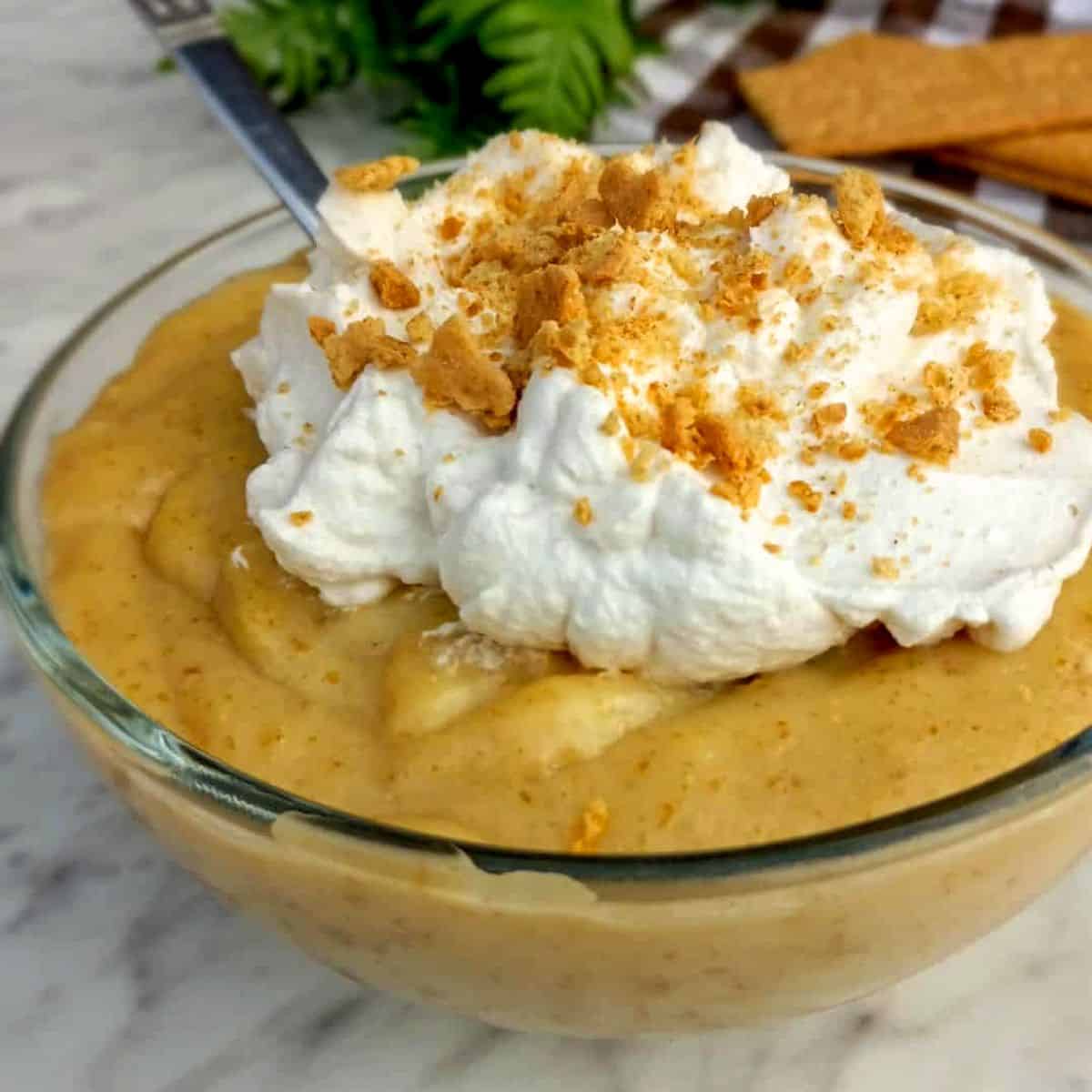 a glass bowl of homemade graham cracker pudding made with graham crackers.