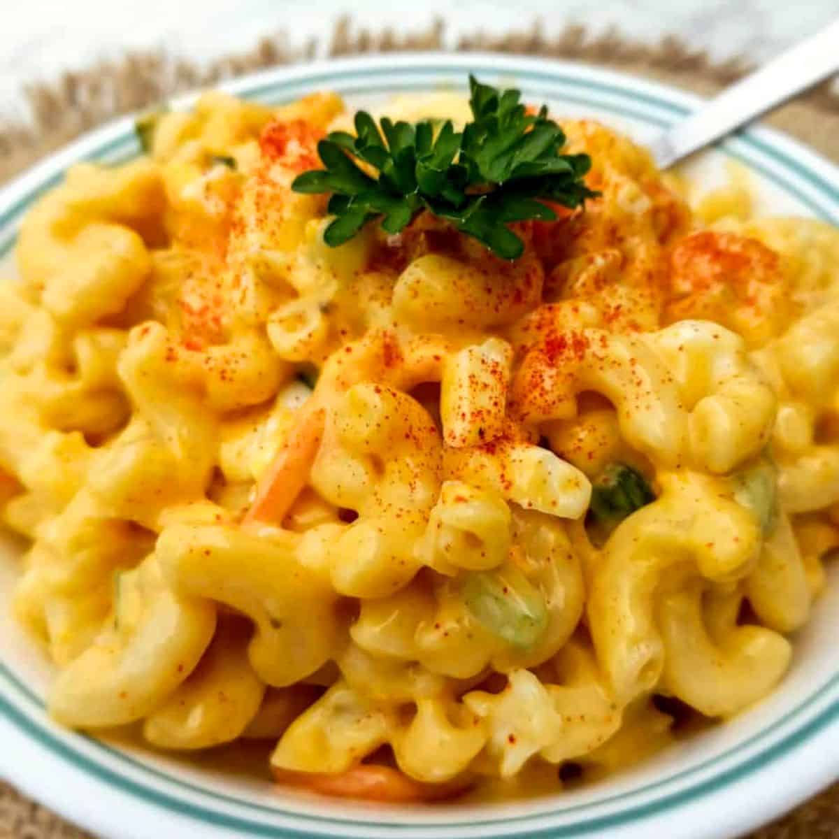 bowl of delicious-looking Pennsylvania Dutch macaroni salad.