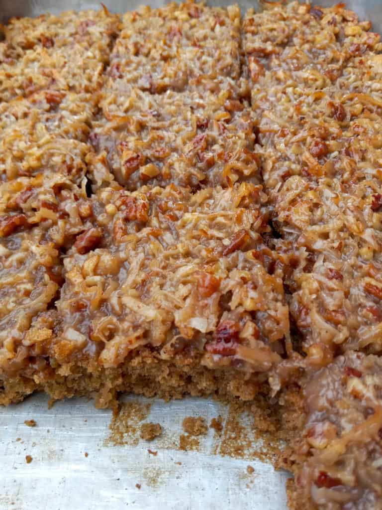 Amish oatmeal cake with coconut topping in pan