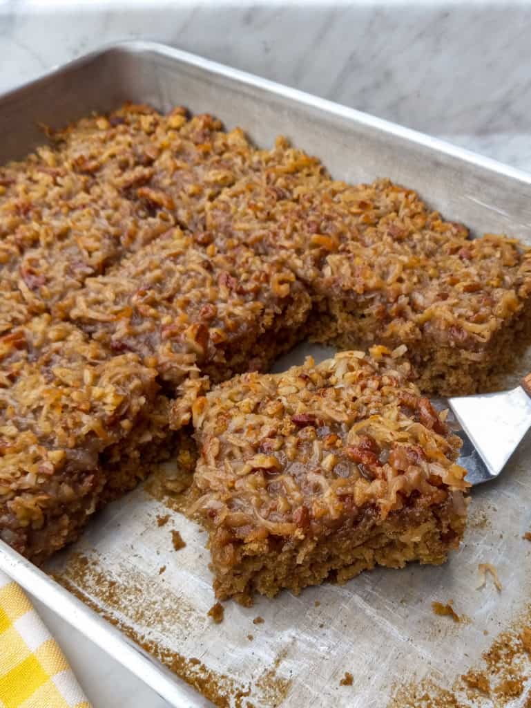 Amish oatmeal cake slices in pan