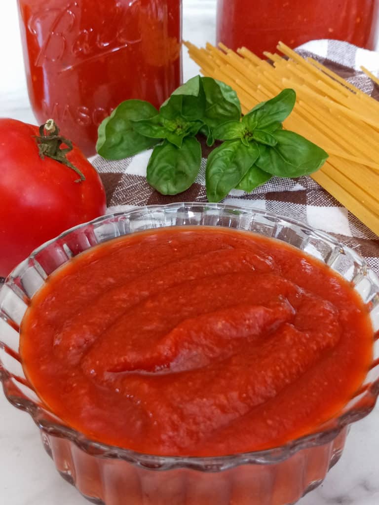 dish and jars of spaghetti sauce-tomato-basil-spaghetti noodles