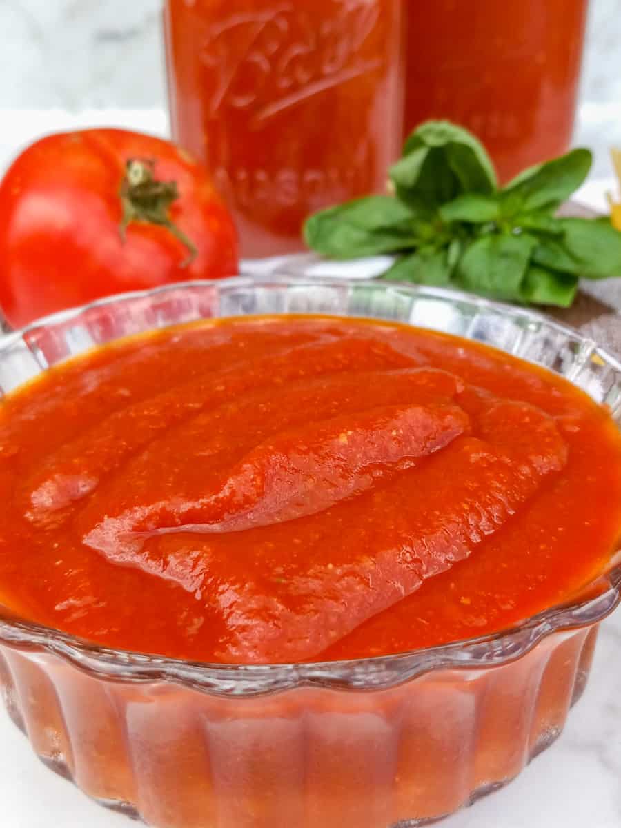 pasta sauce in dish and jars-basil and tomato
