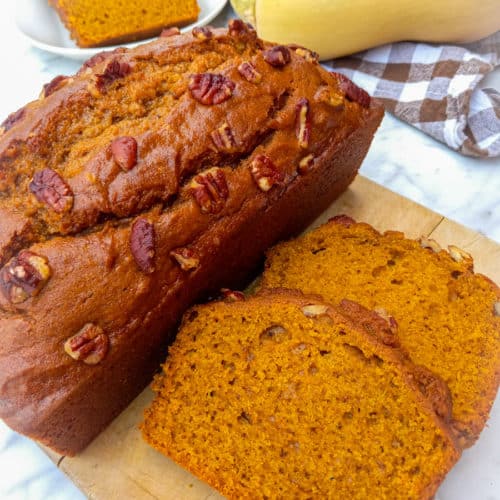 pumpkin bread loaf and slices.
