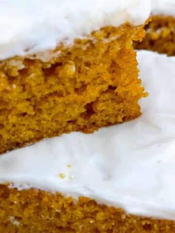 close-up of Amish pumpkin bars with cream cheese frosting.