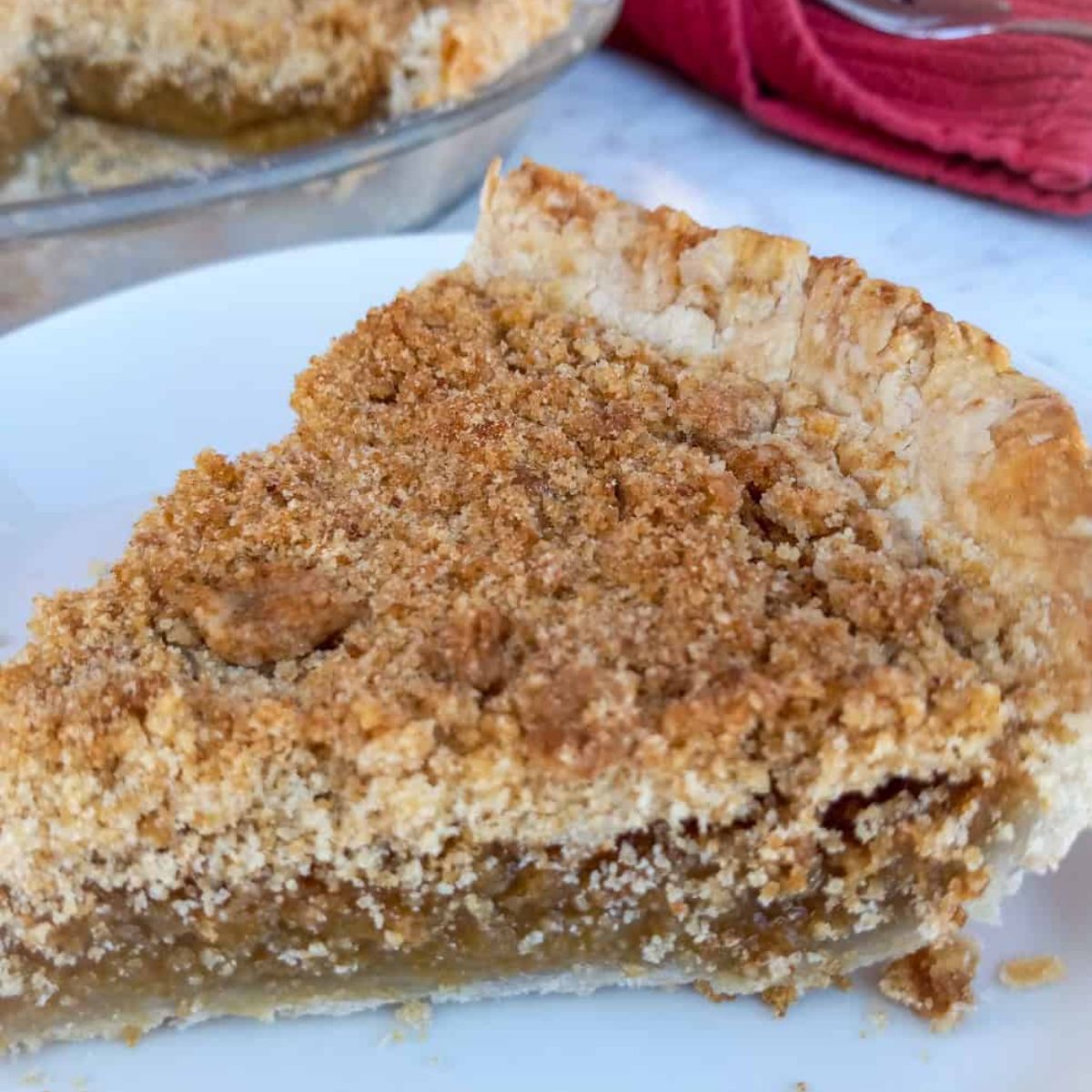 a closer look at a slice of Amish vanilla crumb pie on a plate.