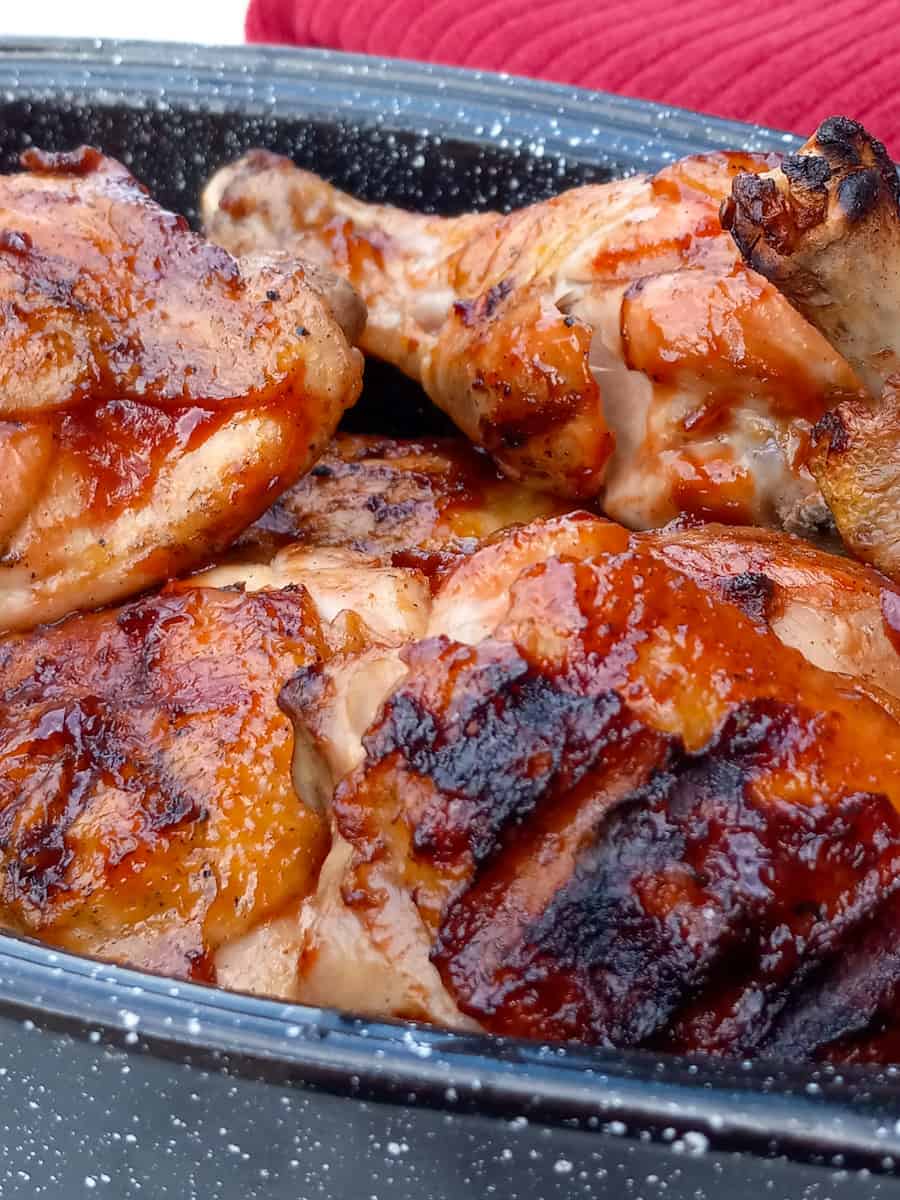 Amish barbecued chicken legs and thighs