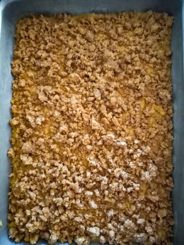 pumpkin cake with streusel topping ready to bake