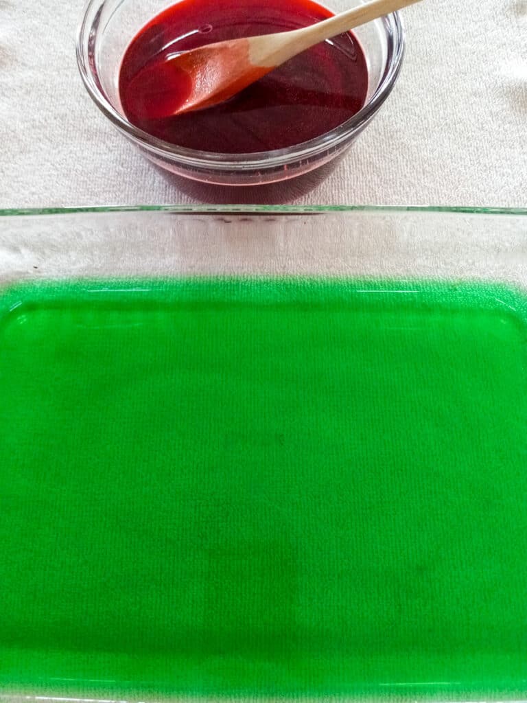 red jello in a bowl, green jello in 9x13" pan.