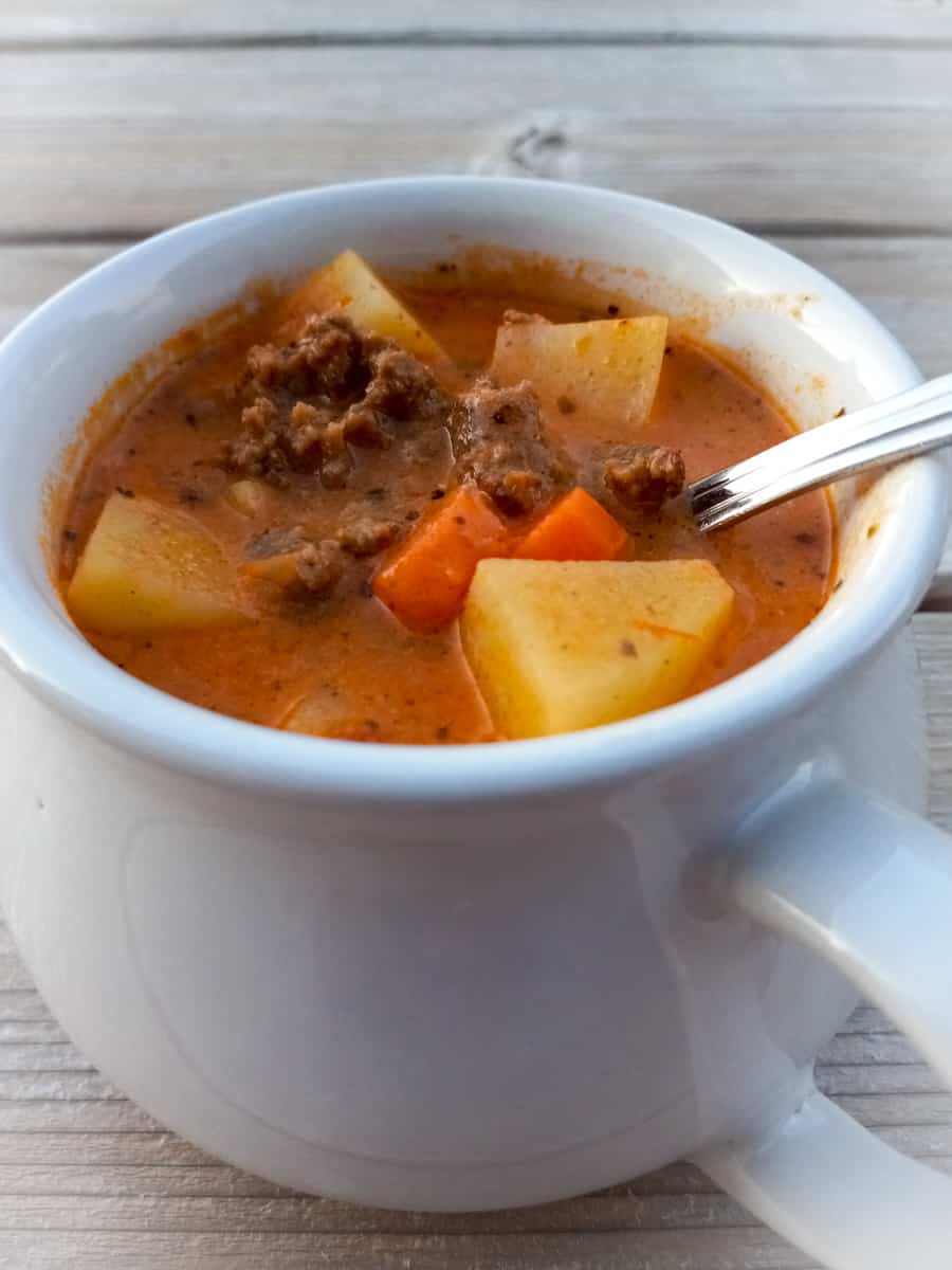 cup of hearty hamburger soup