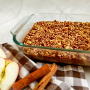a pan of Amish baked oatmeal with apples and pecans.