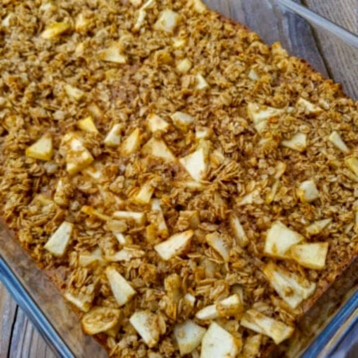A 9x13" dish full of Amish baked oatmeal with apples.