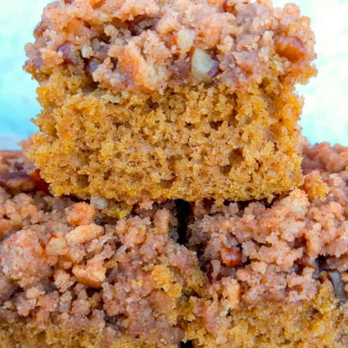 up close look at Amish pumpkin coffee cake with streusel topping.