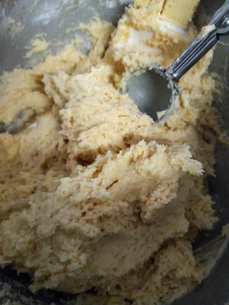 cookie dough in bowl with cookie scoop
