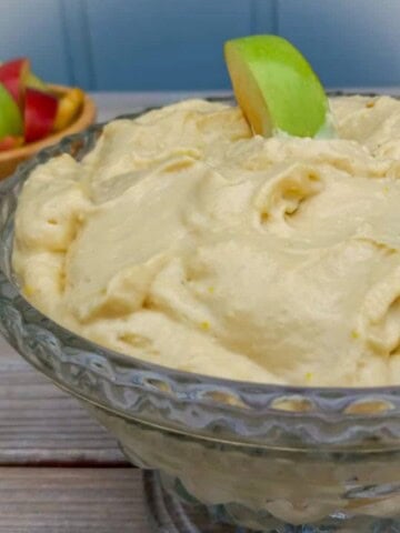 a bowl of creamy homemade caramel dip for apples.
