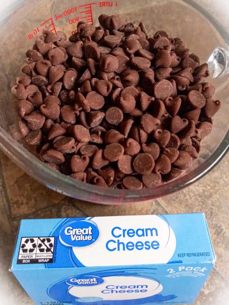 bowl of chocolate chips and a block of cream cheese