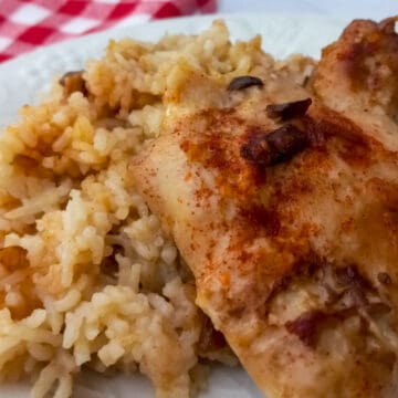 plate with Amish chicken and rice casserole