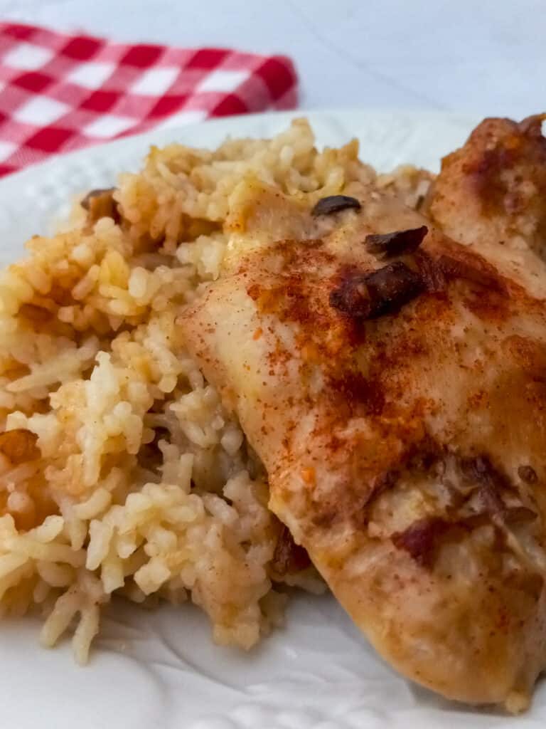 plate with Amish chicken and rice casserole