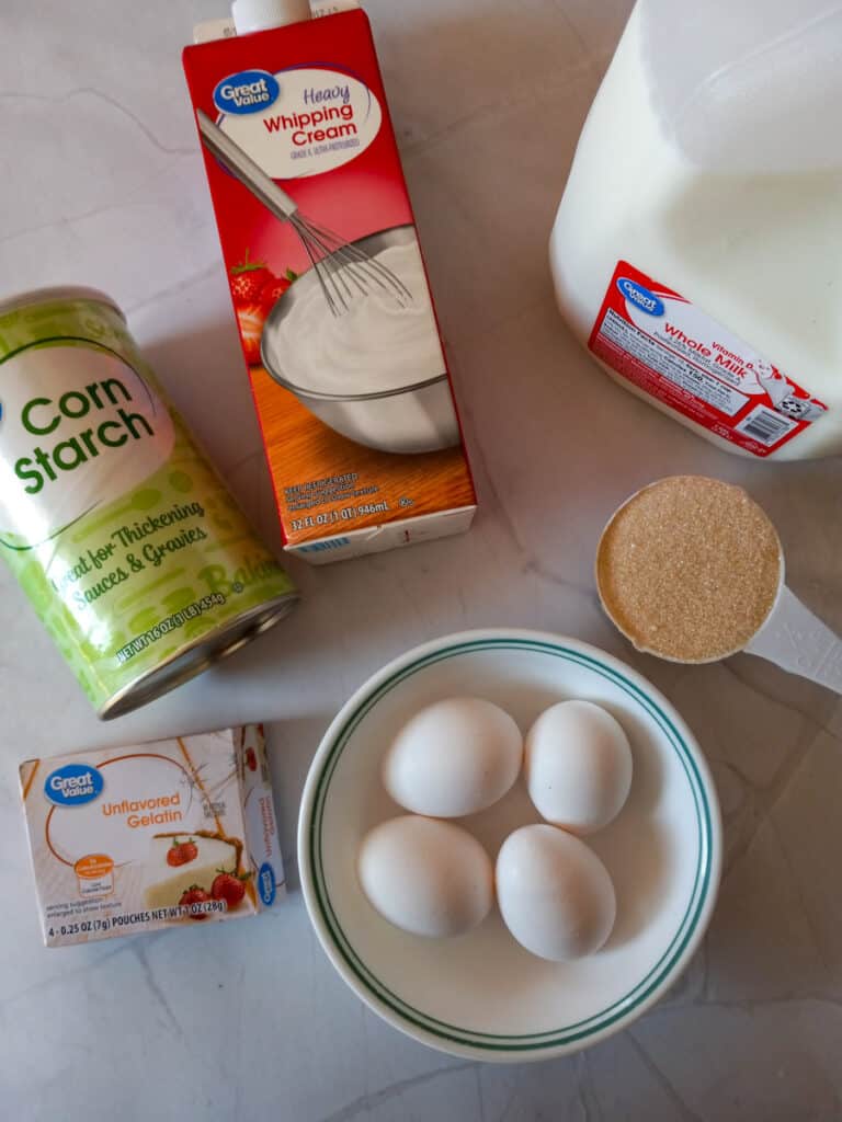 ingredients - milk, eggs, cornstarch, sugar, unflavored gelatin, and cream