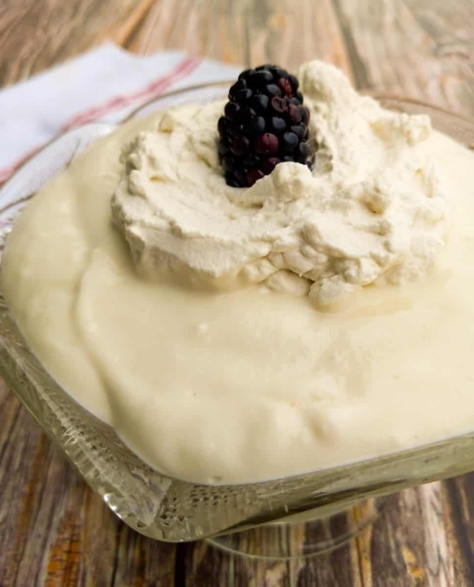bowl of cornstarch pudding with whipped cream and a blackberry on top