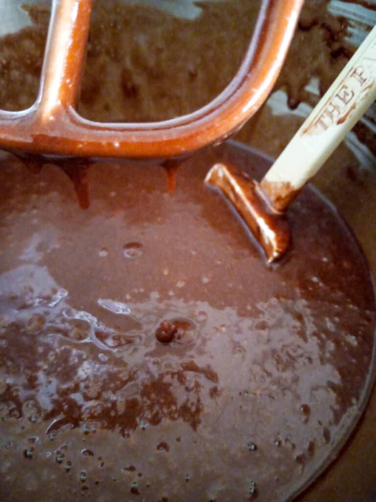chocolate cake batter in mixing bowl