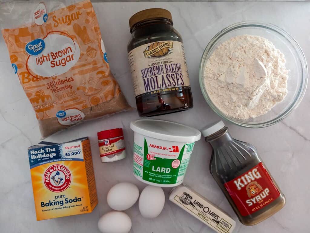 Ingredients - brown sugar, molasses, flour, baking soda, eggs, butter, lard, and cream of tartar