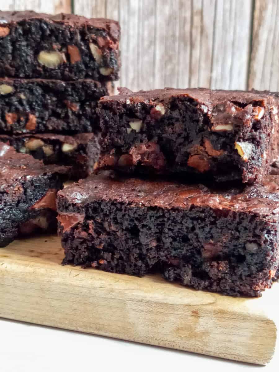 chocolate brownie squares on a board