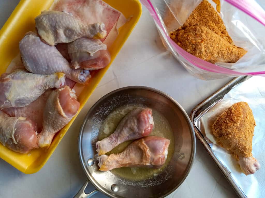 preparing chicken by dipping it in butter and shake and bake
