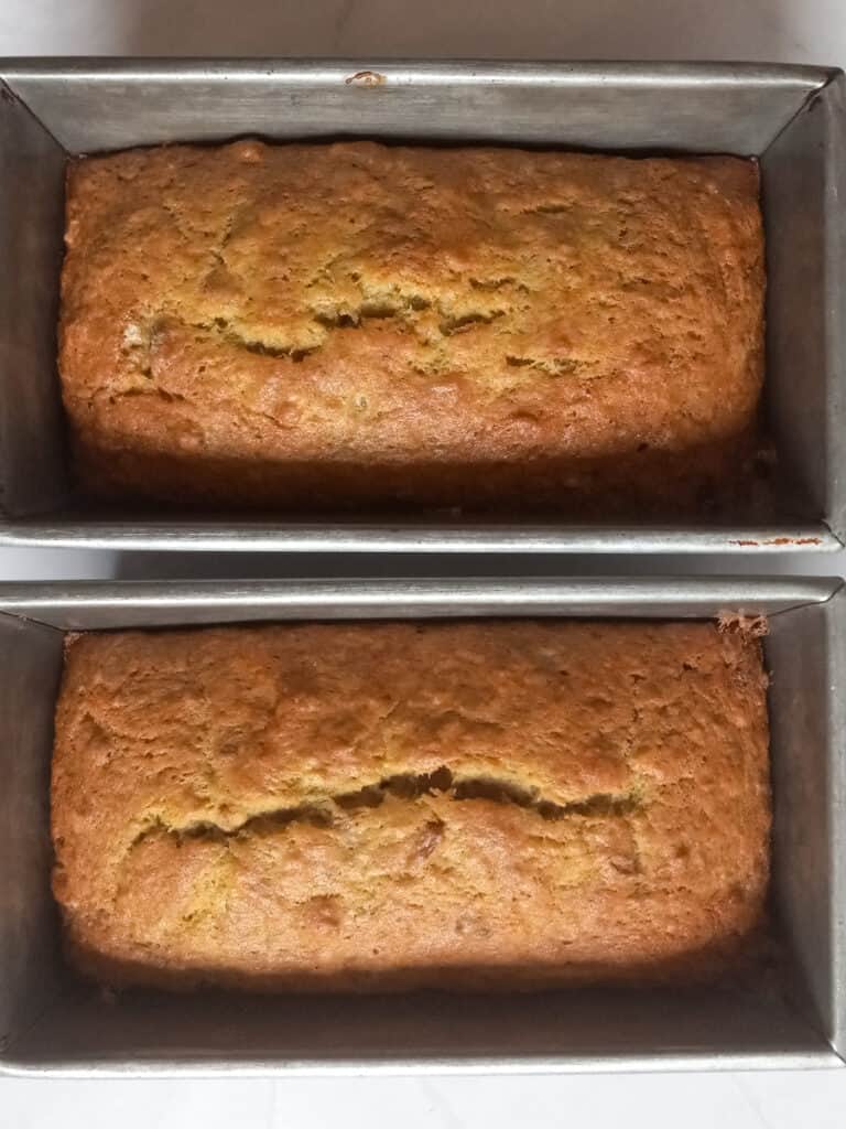two baked loaves of Amish banana bread