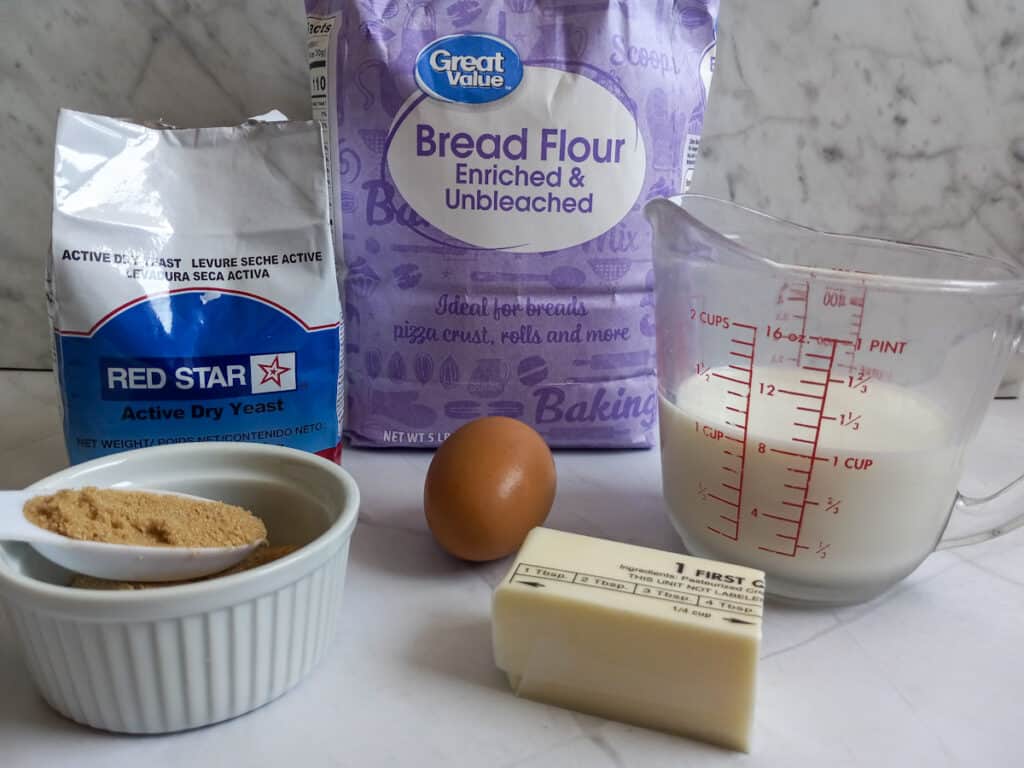 ingredients: bread flour, yeast, brown sugar, egg, butter, and milk