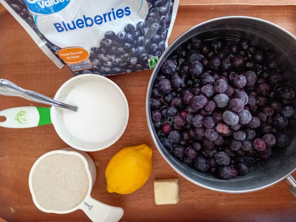 ingredients: blueberries, sugar, clear jel, lemon juice, and butter