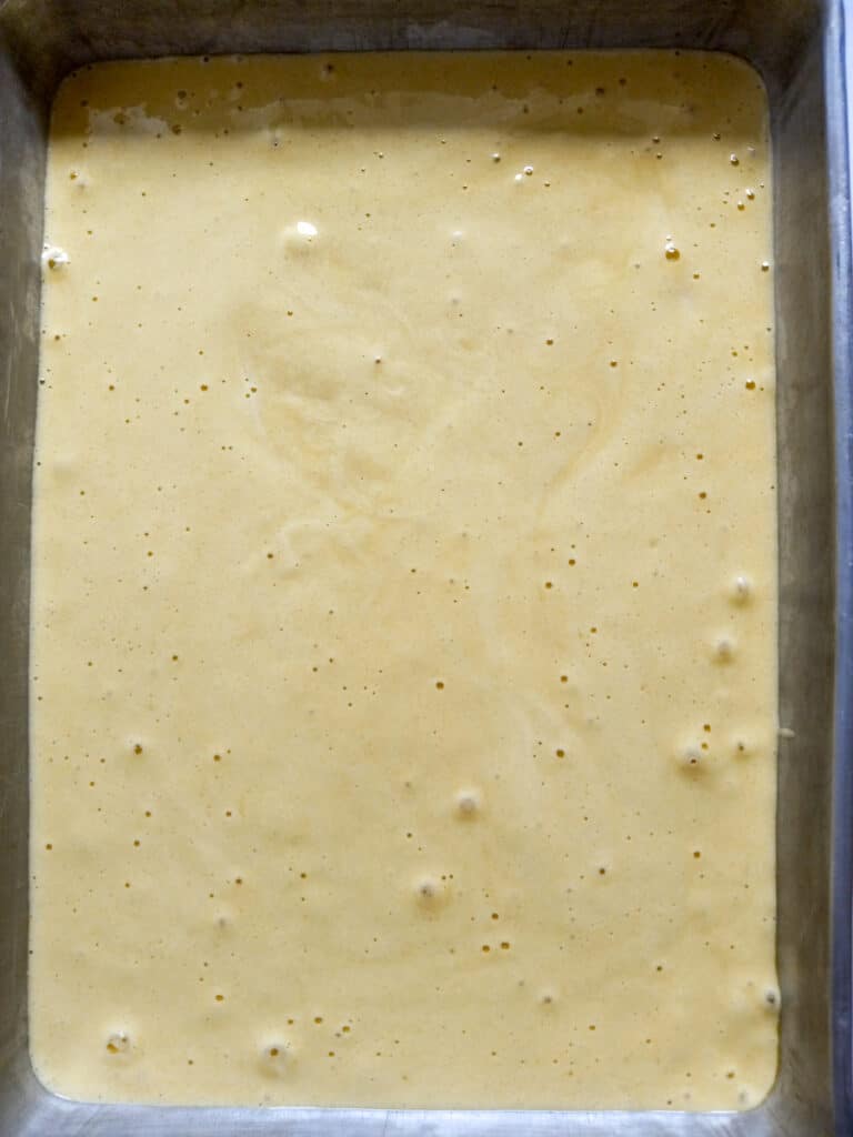 creamy batter in a pan ready to bake