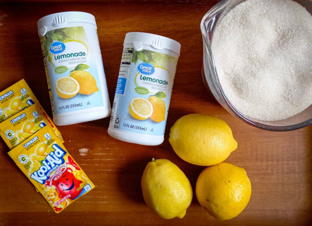 Ingredients: lemons, frozen lemonade concentrate, lemon Kool-aid, and sugar